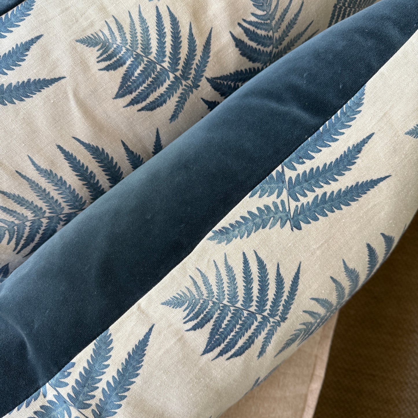Linen Fern Lumbar Pillow w/ navy velvet back - 40" x 17"