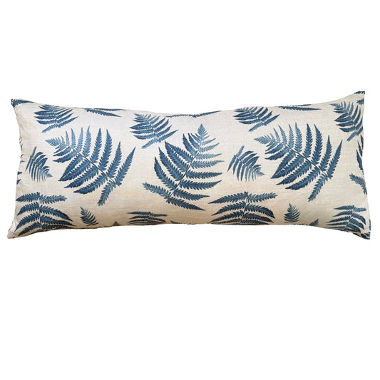 Linen Fern Lumbar Pillow w/ navy velvet back - 40" x 17"
