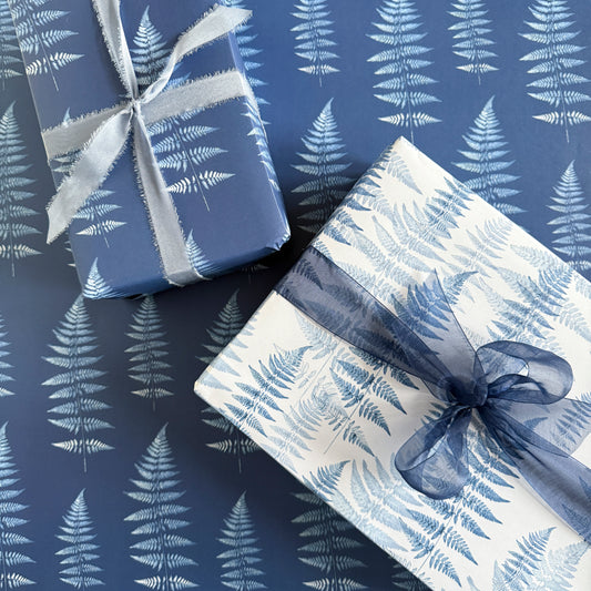 Double-Sided Blue Fern Botanical Cyanotype Gift Wrap - 2 Sheets