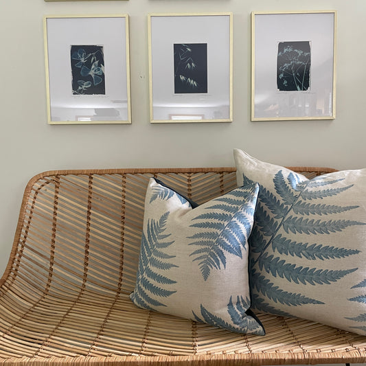 Linen Fern Pillow w/ navy velvet back - 18" x 18"