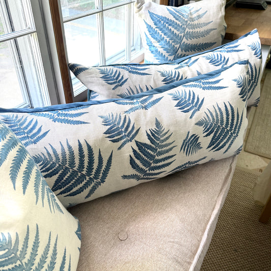 Linen Fern Lumbar Pillow w/ navy velvet back - 40" x 17"