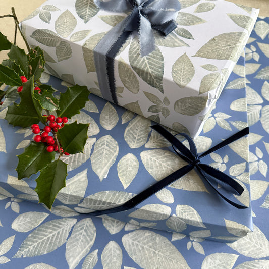 Double-Sided Leaf Botanical Cyanotype Gift Wrap - 2 Sheets